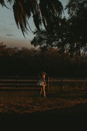 Silhouettes of figures walking in a field at sunset with Spanish moss hanging from trees in the background.