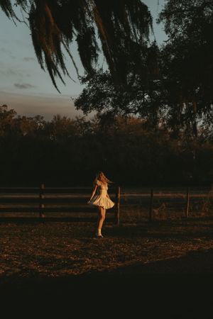 Person in a flowing dress twirling in a rustic field during golden hour.
