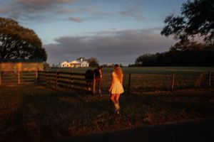 Pastoral sunset scene with wooden fences and warm lighting across an open field.