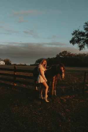 Golden hour countryside scene with horses grazing near wooden fences at sunset.