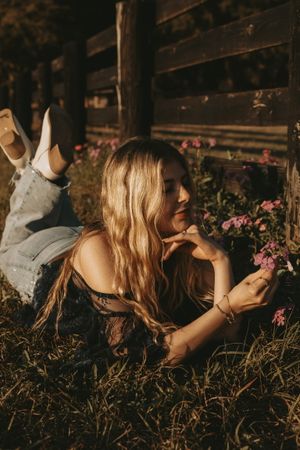 A peaceful scene with horses and pink flowers along a wooden fence at sunset.