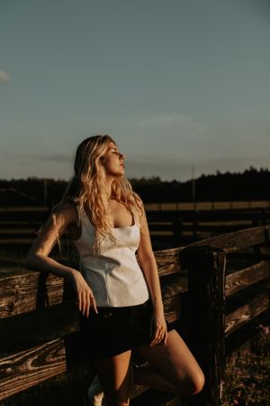 Dramatic lighting creates silhouettes against a wooden fence during sunset in a rural setting.