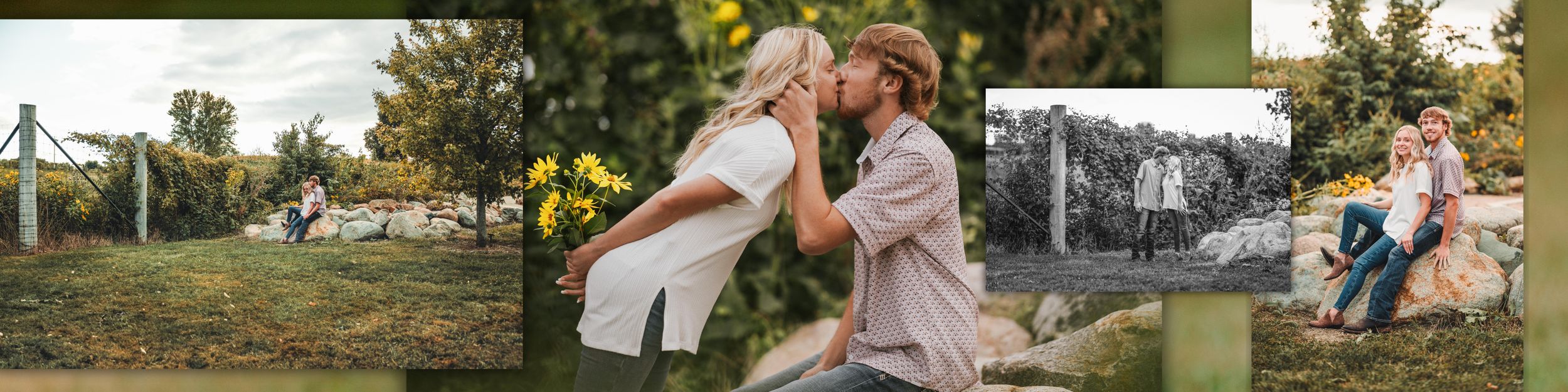 A collage of outdoor wedding photos showing romantic moments between a couple in scenic natural settings.