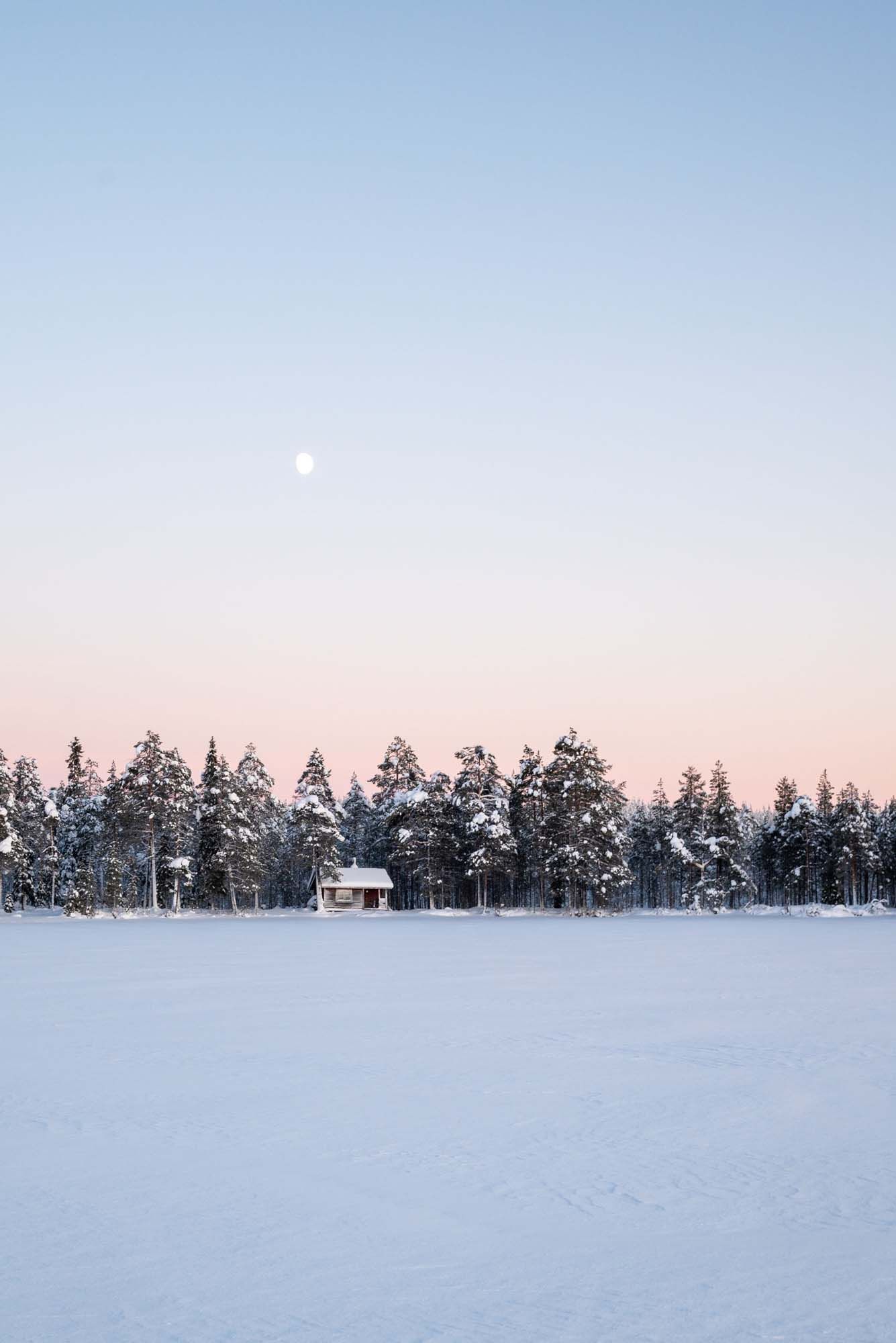 A small cabin stands alone in a snowy winter landscape with pine trees and full moon in pastel twilight sky.