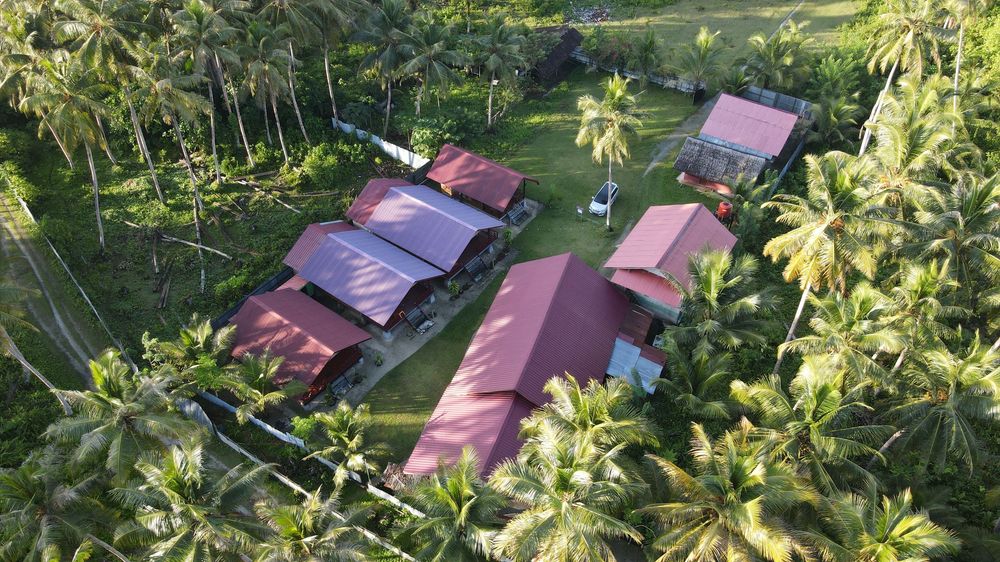 Aerial view of tropical resort with red roofs nestled among palm trees.