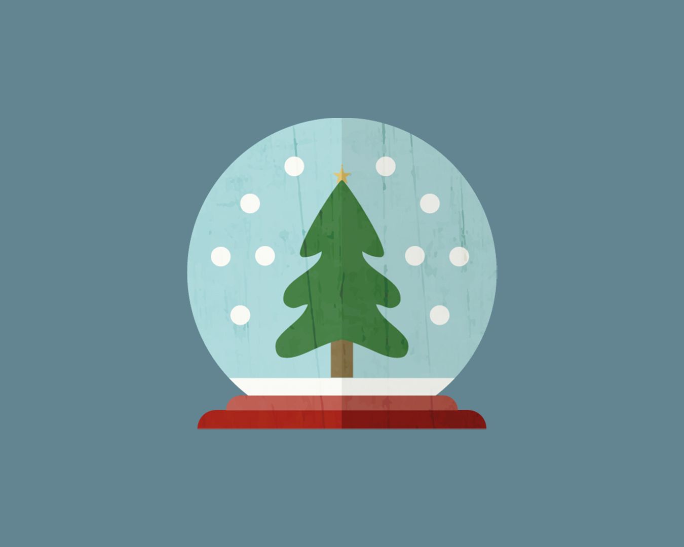 A minimalist illustration of snow globes with winter trees and snowfall against a teal background.