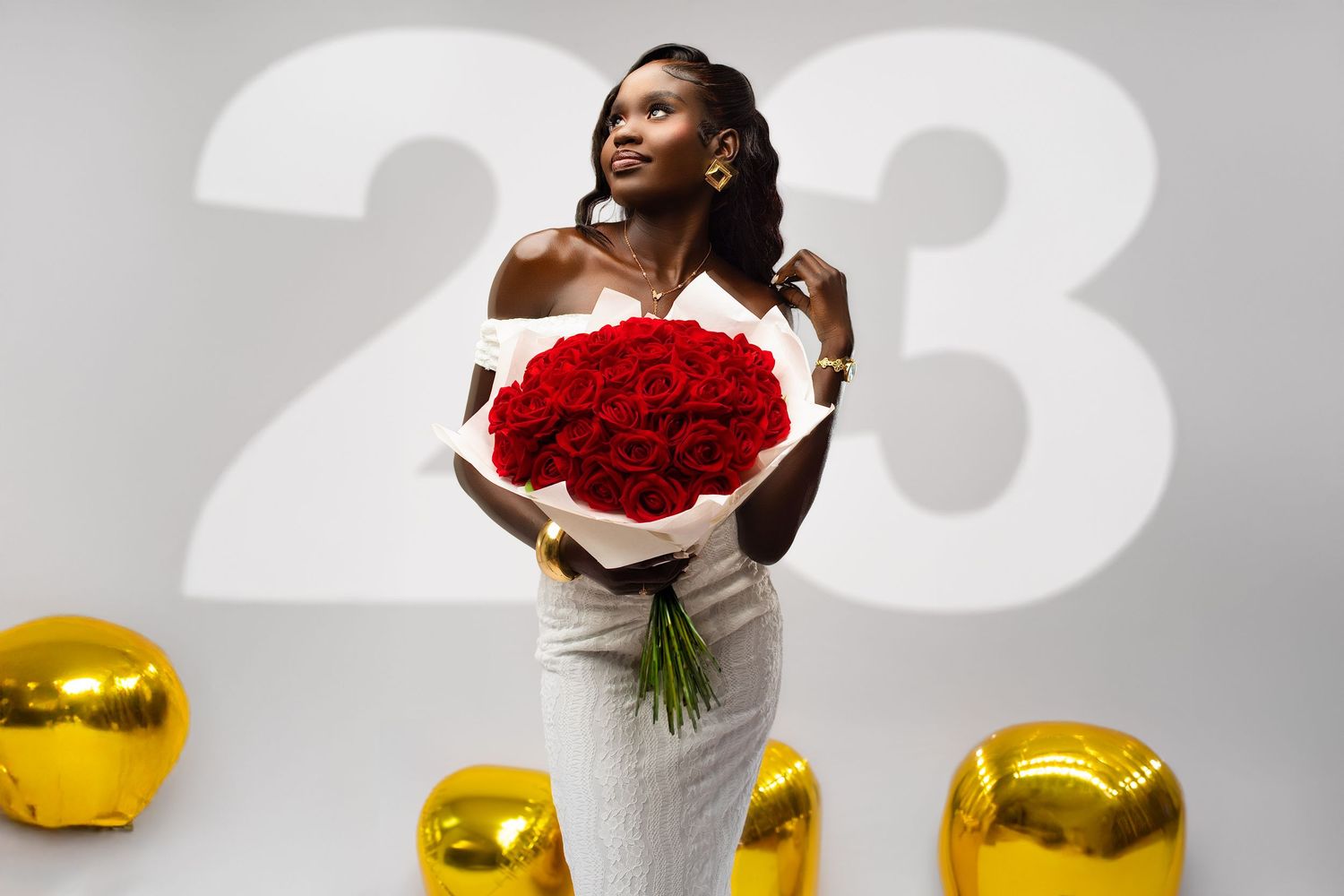 Luxury birthday milestone photoshoot with gold number balloons Brisbane photographer