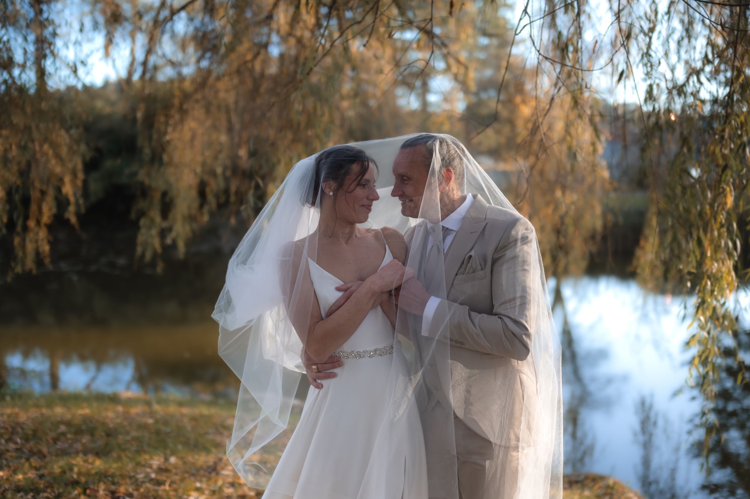 Scène de mariage d'automne romantique sous des saules au bord d'un lac serein avec un couple s'embrassant sous un voile fluide.