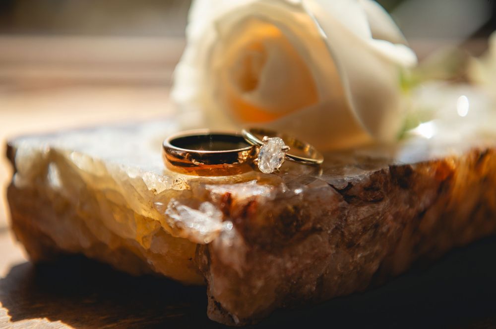 Wedding rings displayed on a rustic wooden surface with a soft white rose in the background.
