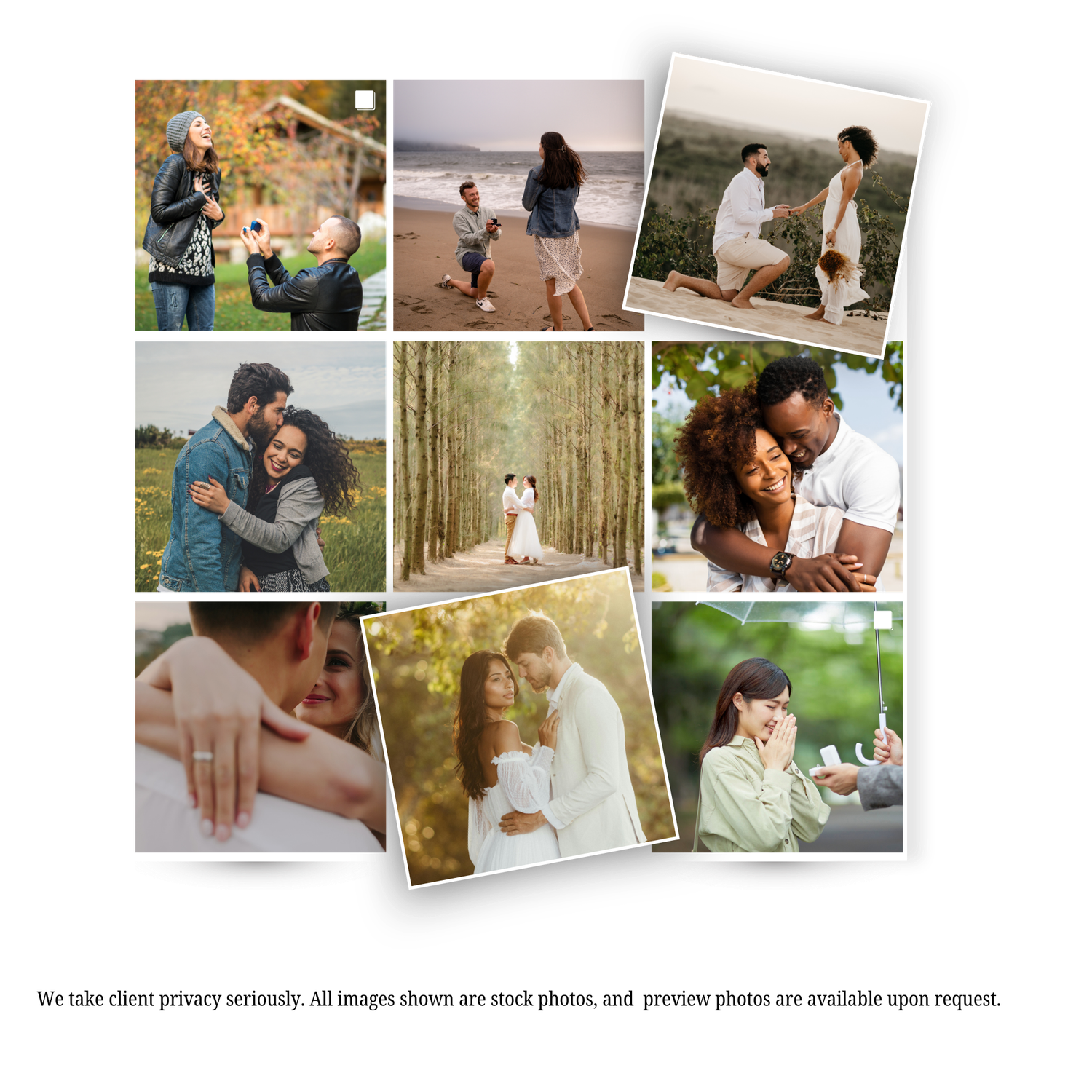 Romantic lifestyle photography collage featuring couples and engagement moments in outdoor settings.
