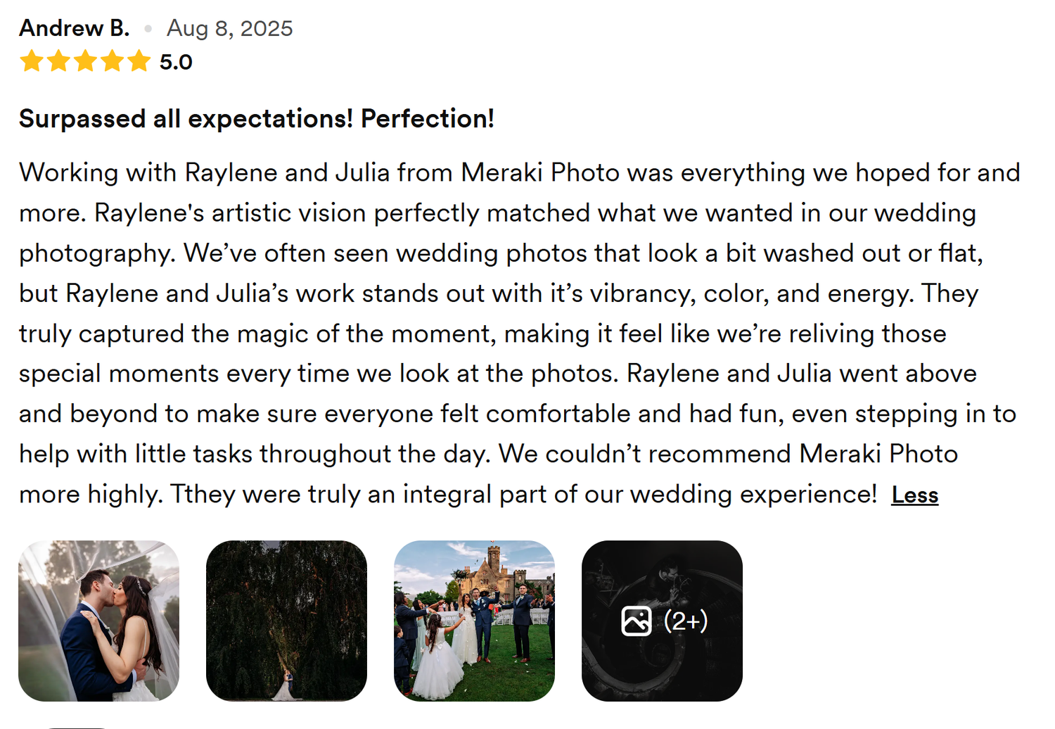 A wedding photo review collage showing testimonials and images from a professional photographer's portfolio.