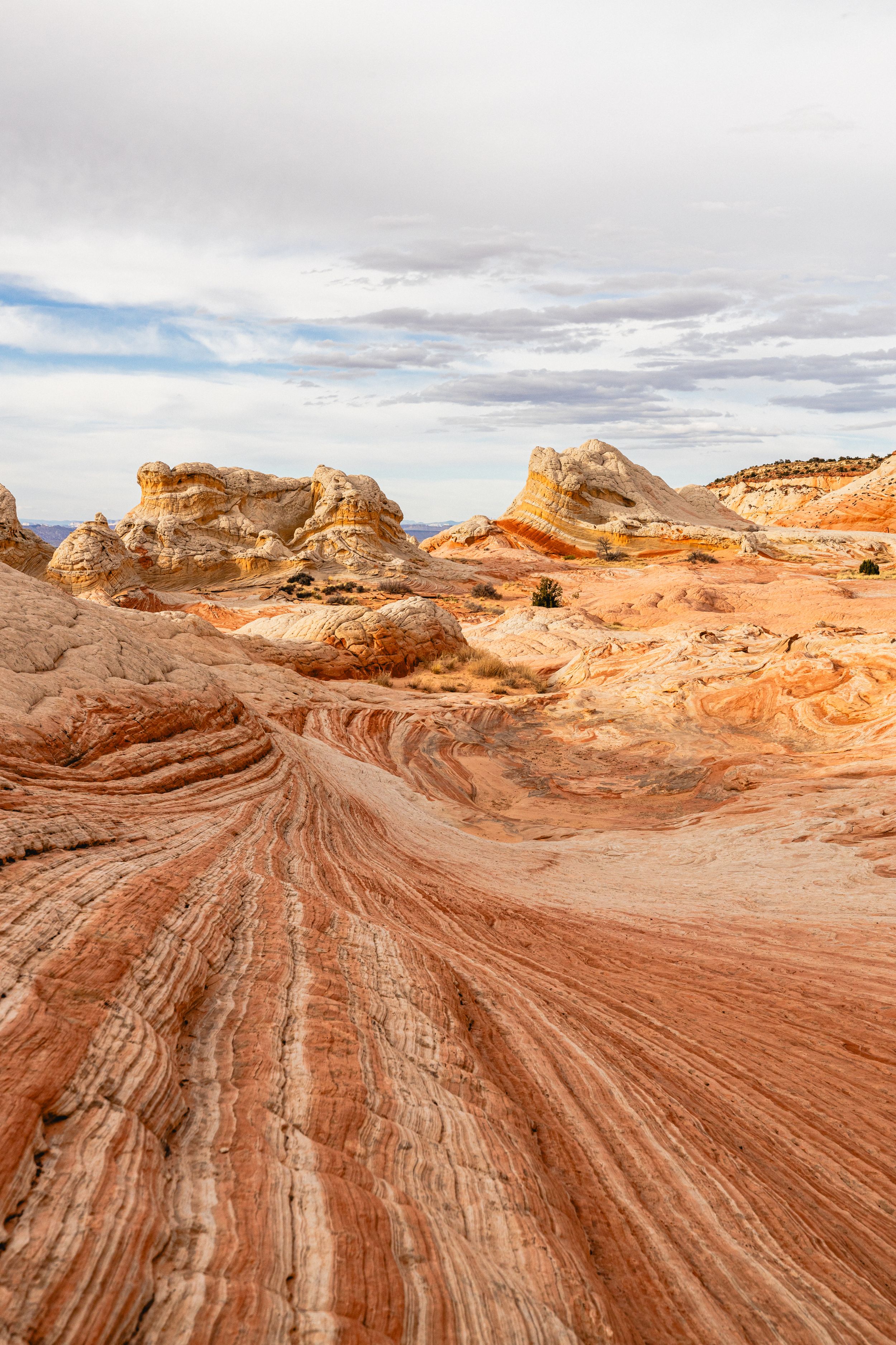 Panoramic view of striated red sandstone formations with rippling patterns in a desert landscape under cloudy skies.
