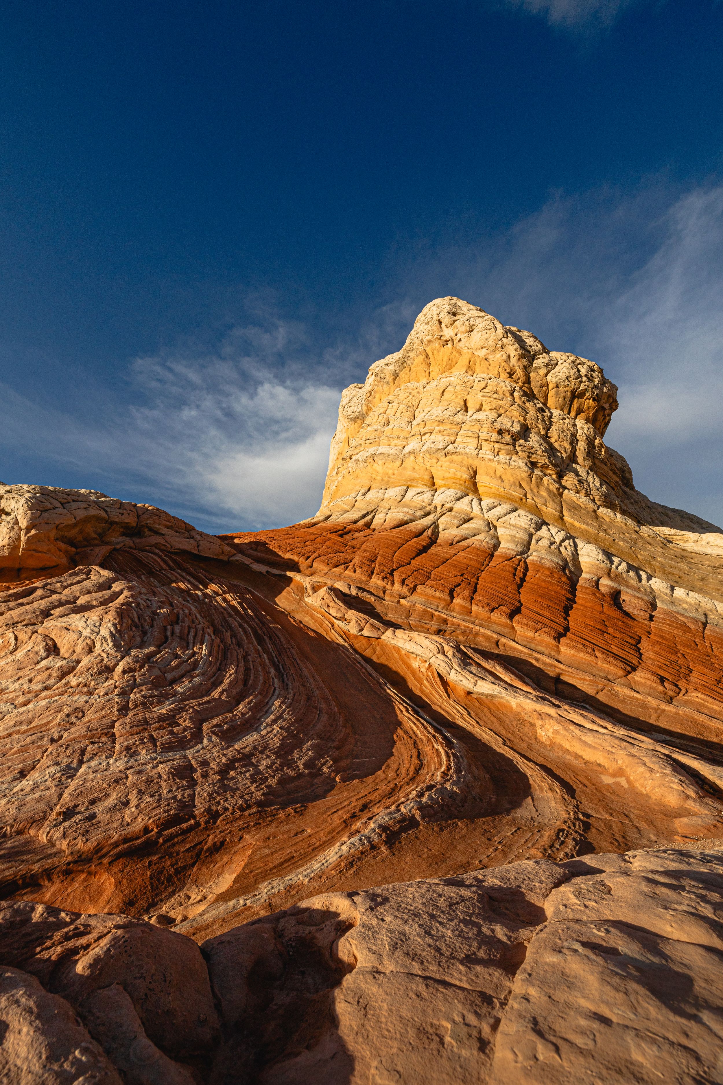 Panoramic view of curved sandstone rock formations in White Pocket, Arizona under dramatic blue skies.