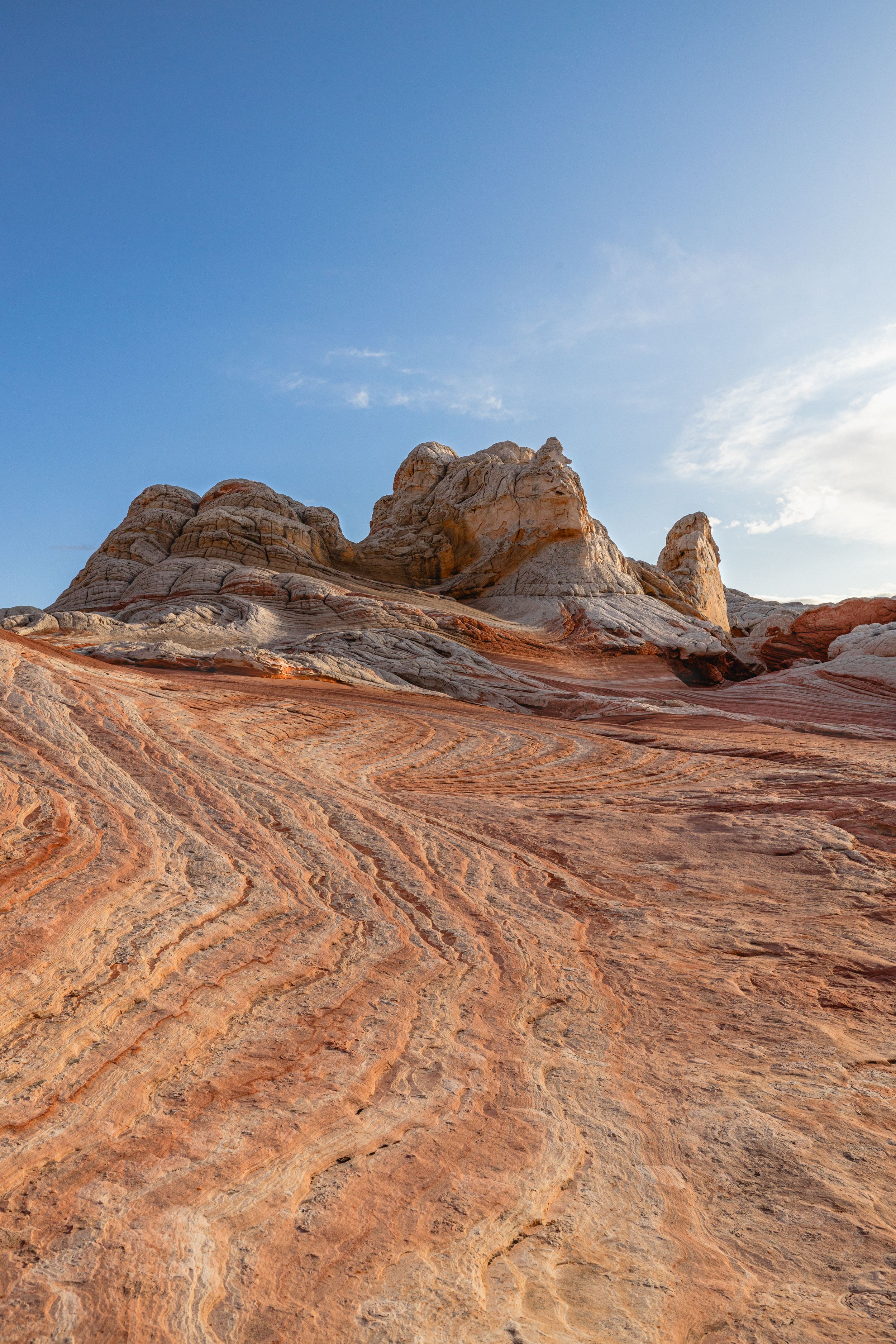 Panoramic view of layered red sandstone formations with wavy patterns in Valley of Fire State Park under blue sky.