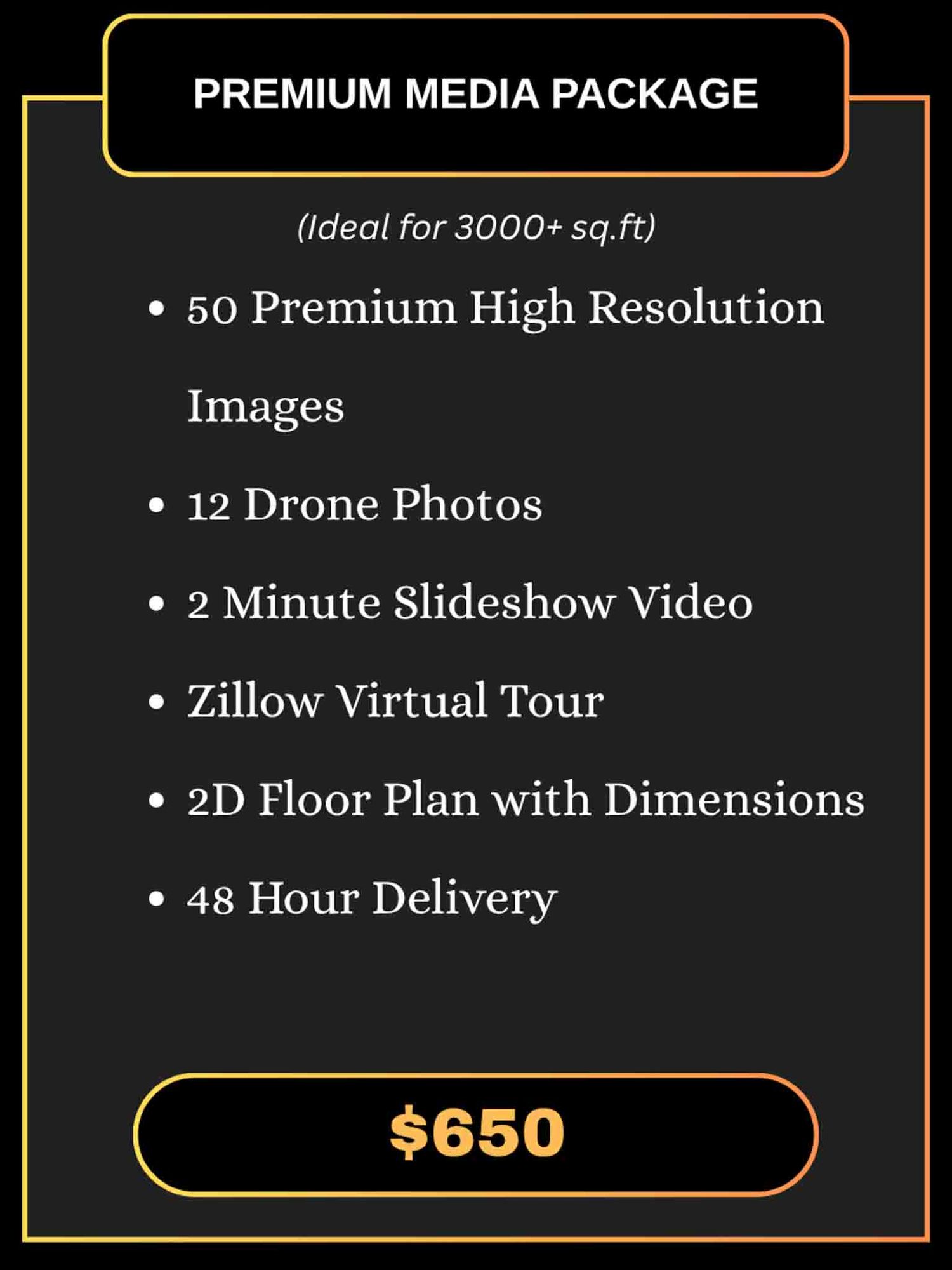Premium real estate media package with twilight photos and virtual tour services for large properties.