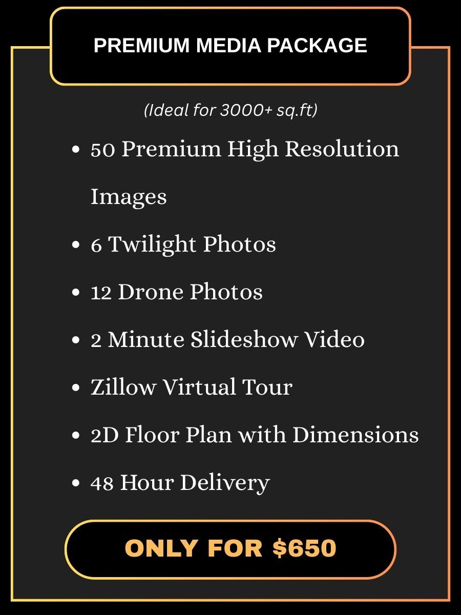 Premium real estate media package with twilight photos and virtual tour services for large properties.