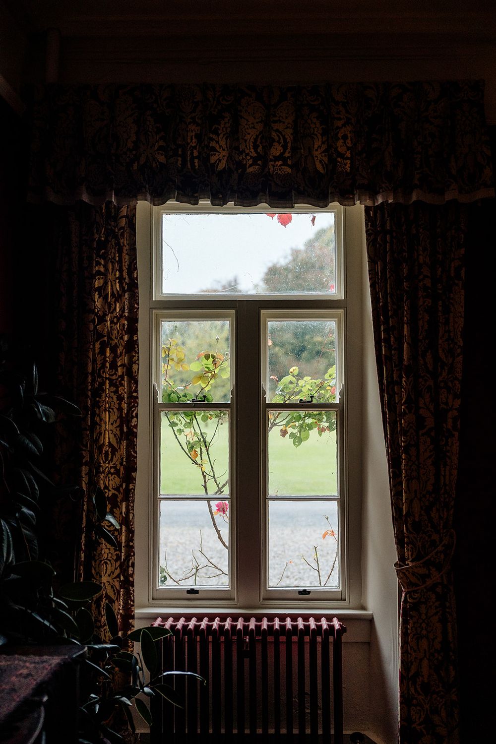 Dark window frames with ornate curtains create a dramatic silhouette against a bright outdoor garden view.