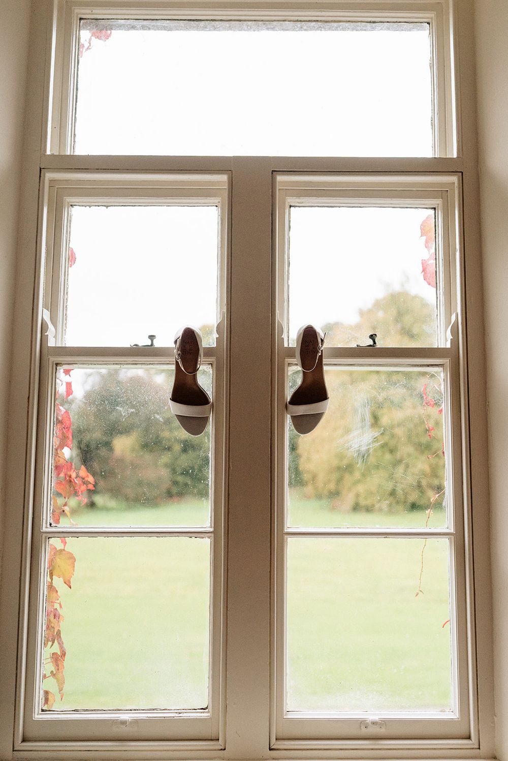 Row of white-framed windows overlooking a green countryside landscape with autumn trees in the background.