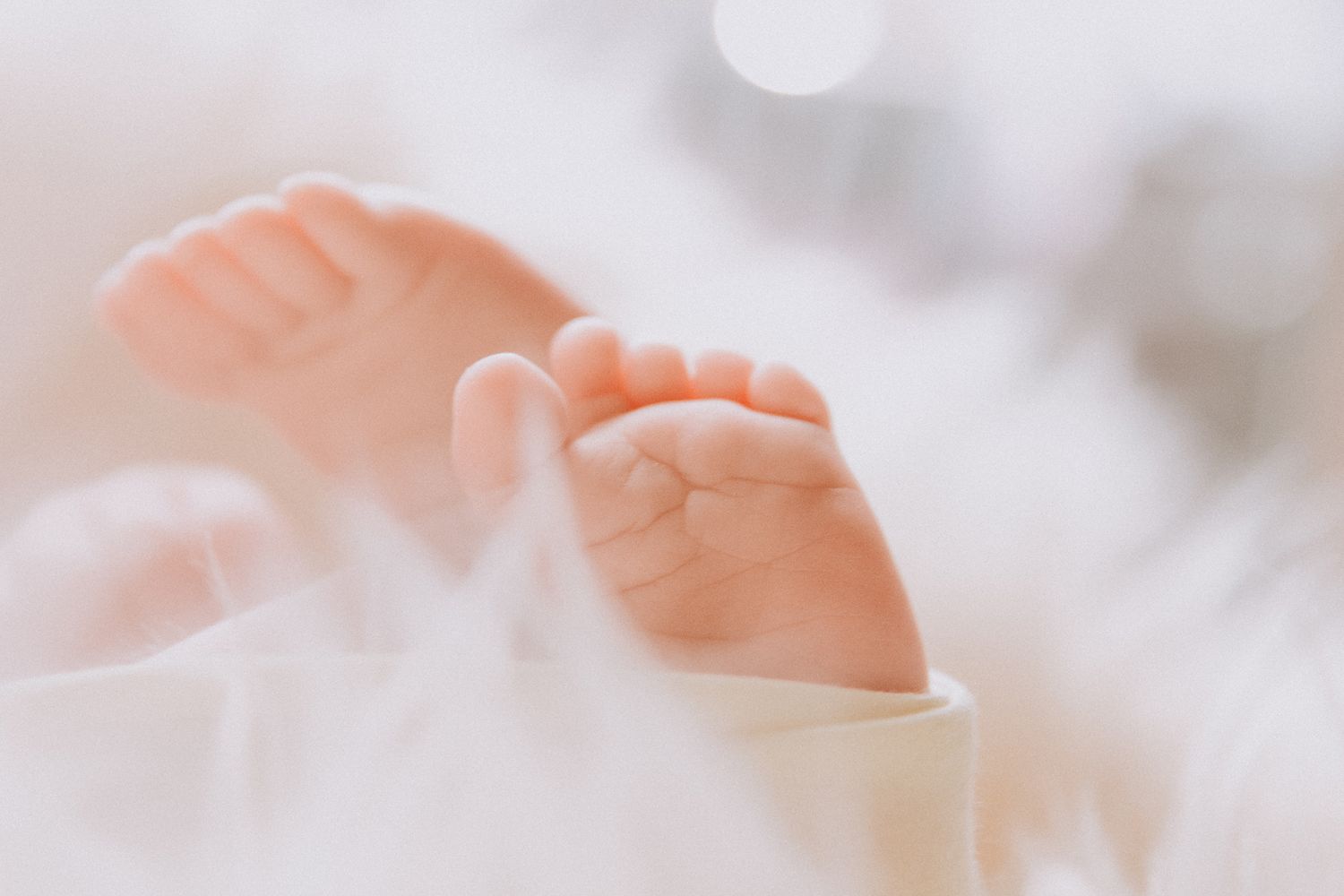 Close-up images of delicate baby features and tiny hands arranged in a gentle collage against light backgrounds.