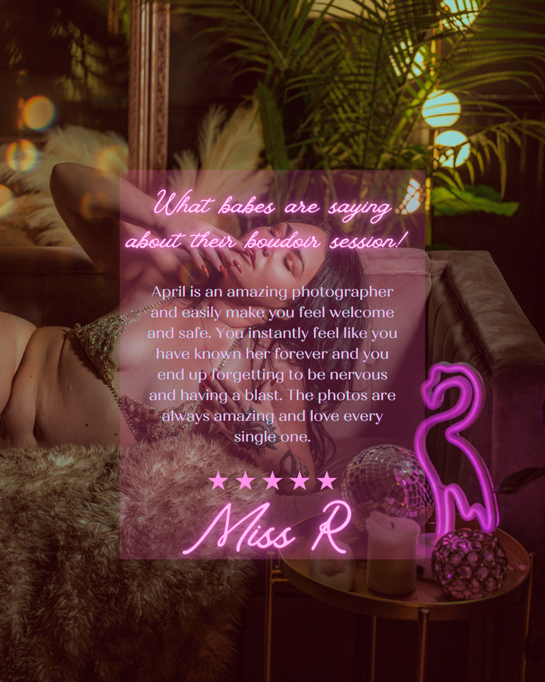 A series of professional boudoir photography images with soft lighting and tropical palm leaf decor creates an intimate atmosphere.