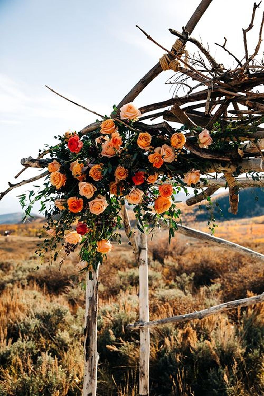 Rustic wooden arch decorated with peach and coral roses against a desert landscape background.