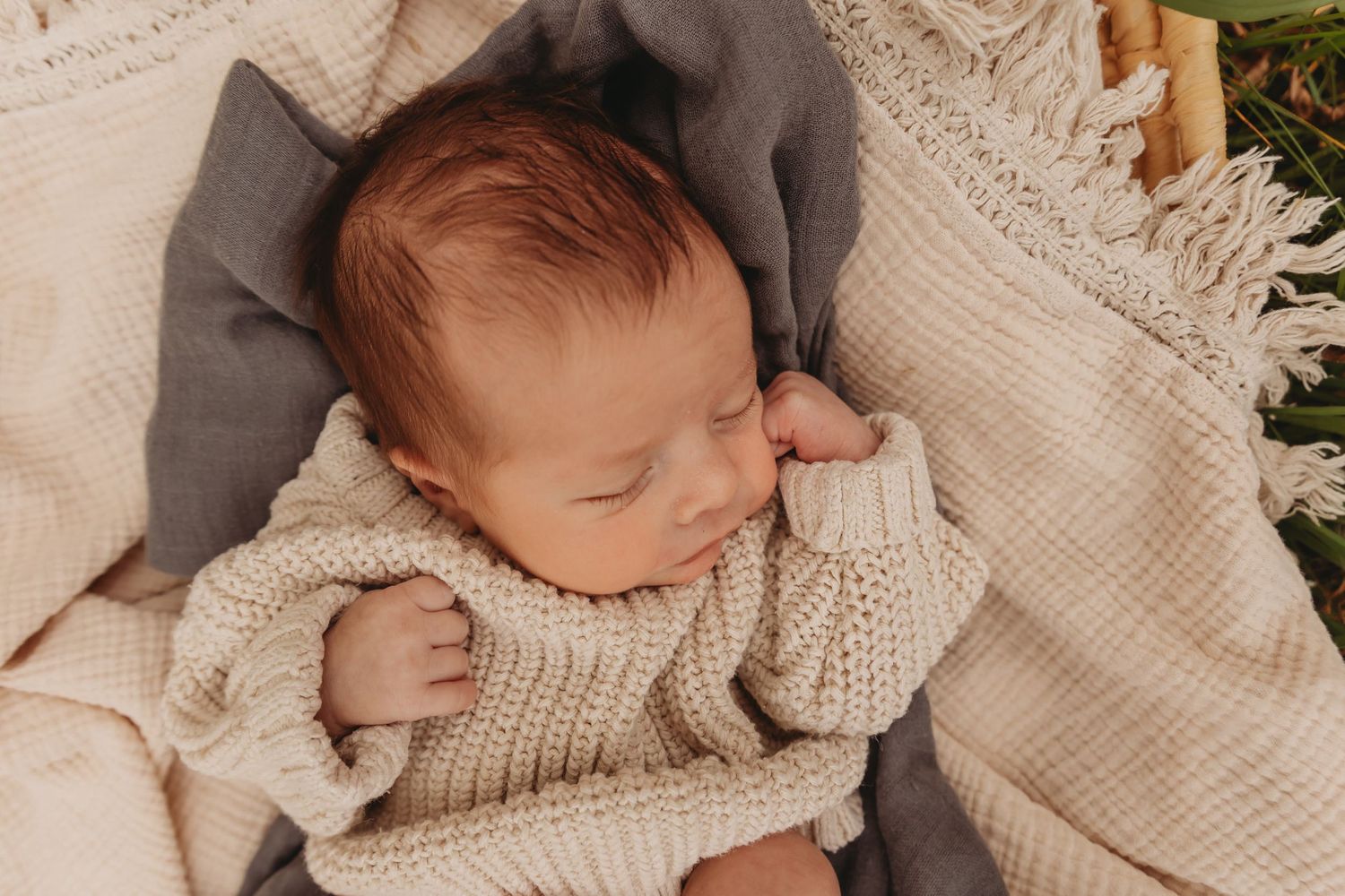 Sleeping newborn wearing cozy knit sweater nestled in soft blankets.