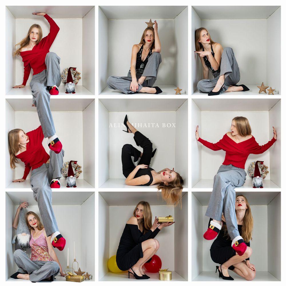 Fun lifestyle photoshoot showing playful poses in white cube shelves with red and black outfits.