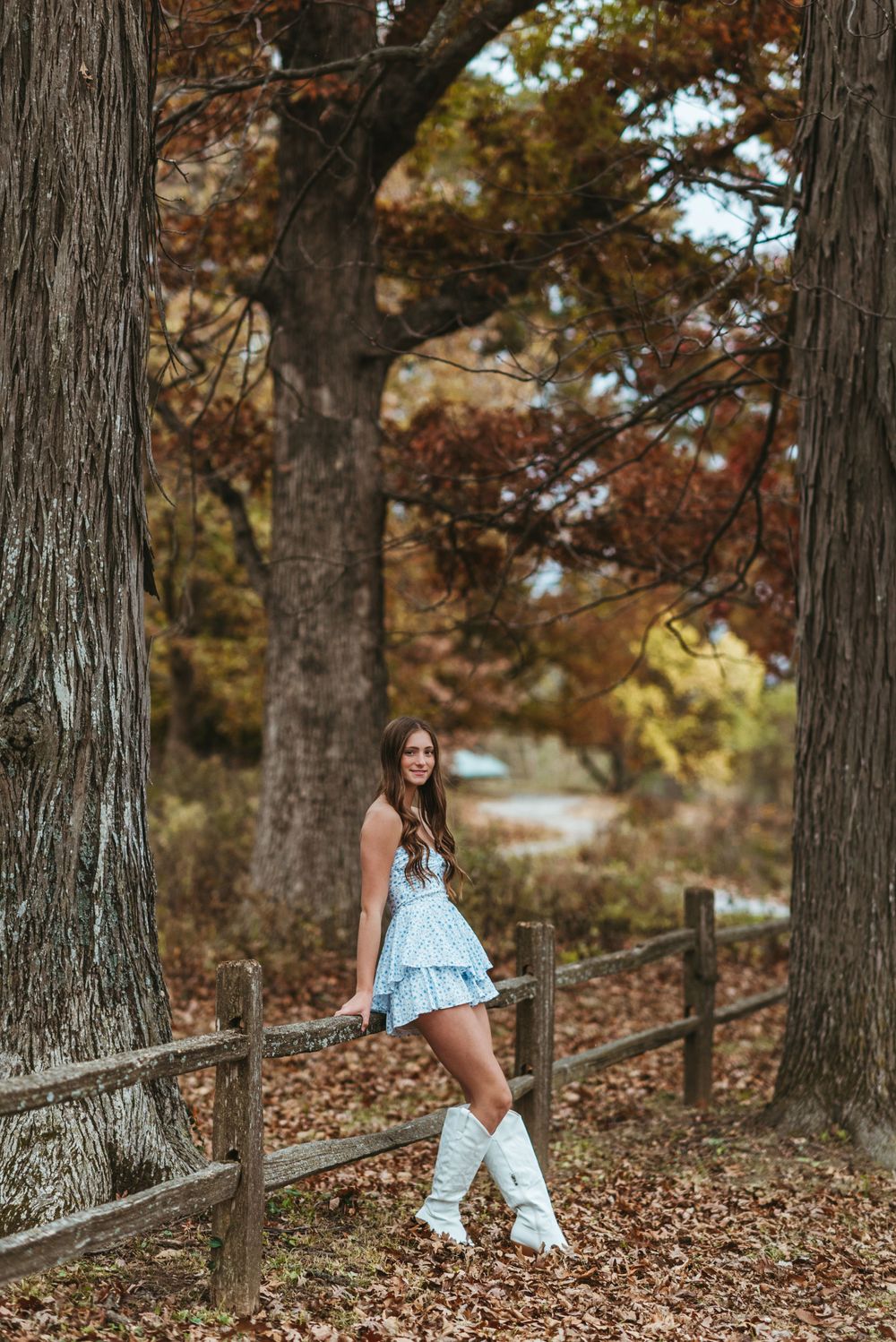 A rustic fall photoshoot with someone in a blue dress leaning against a wooden fence.
