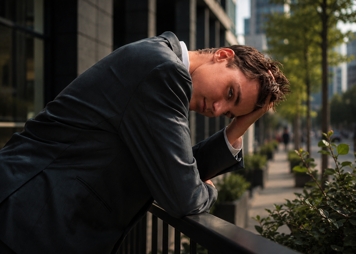 Young man in dark suit leaning forward with head resting on hand outdoors.