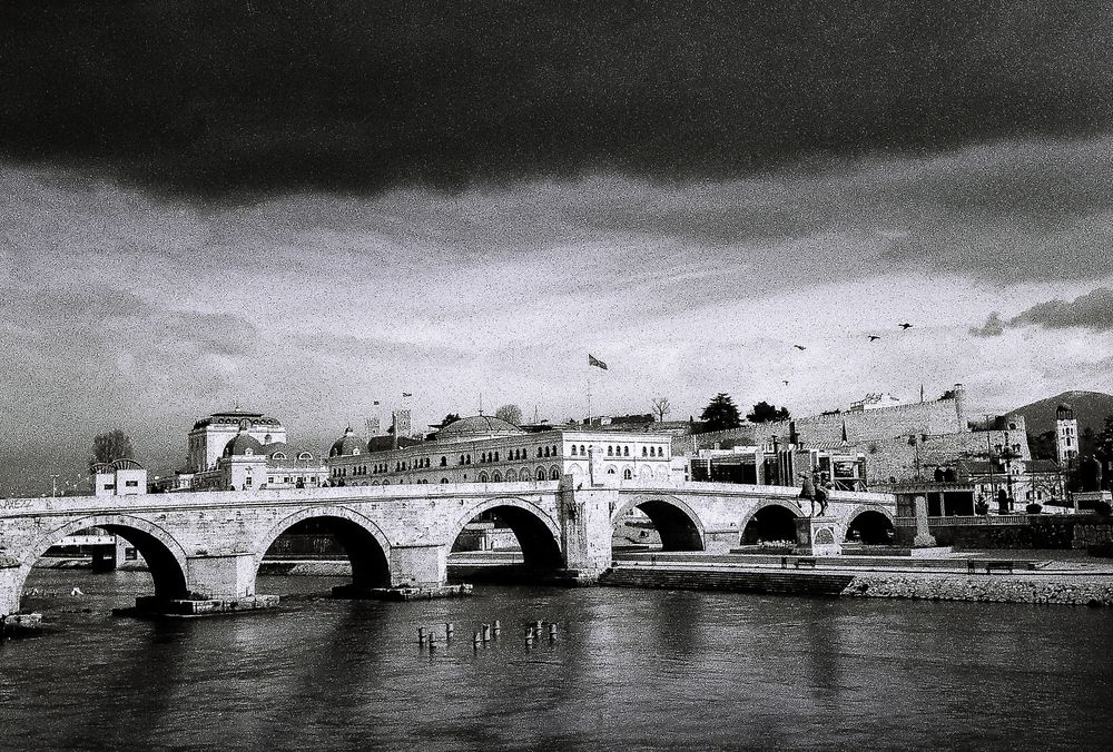 The old Roman stone bridge in Skopje, North Macedonia.