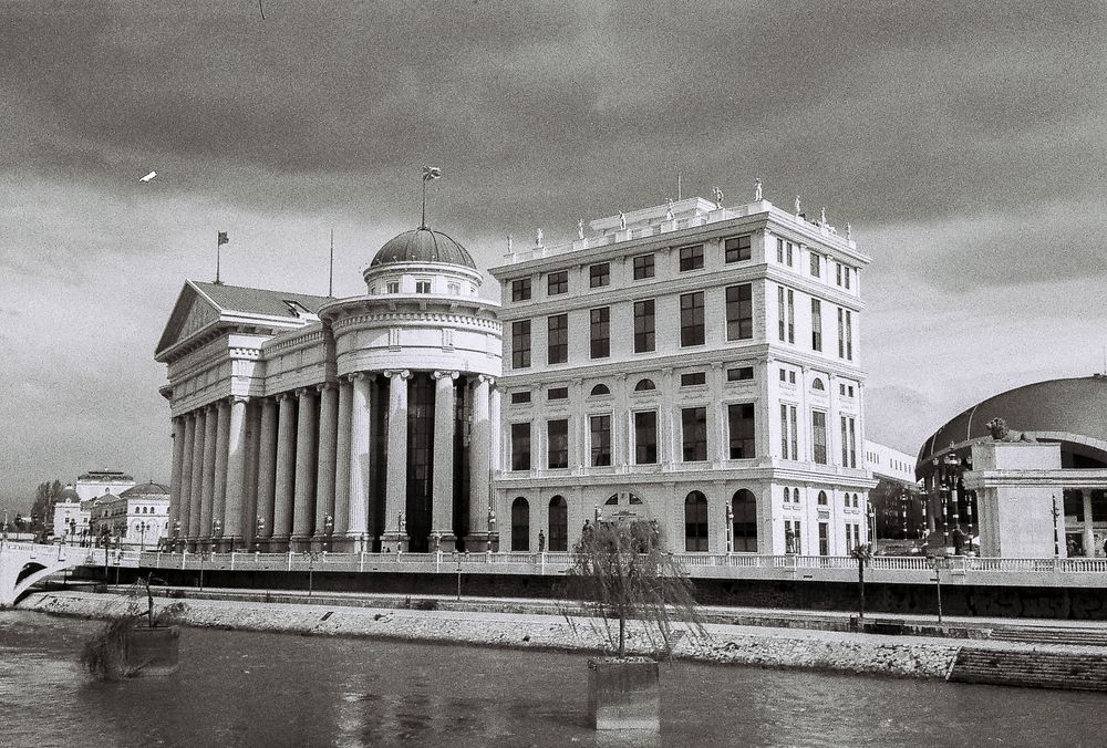 The 2014 neoclassical buildings in Skopje, North Macedonia.