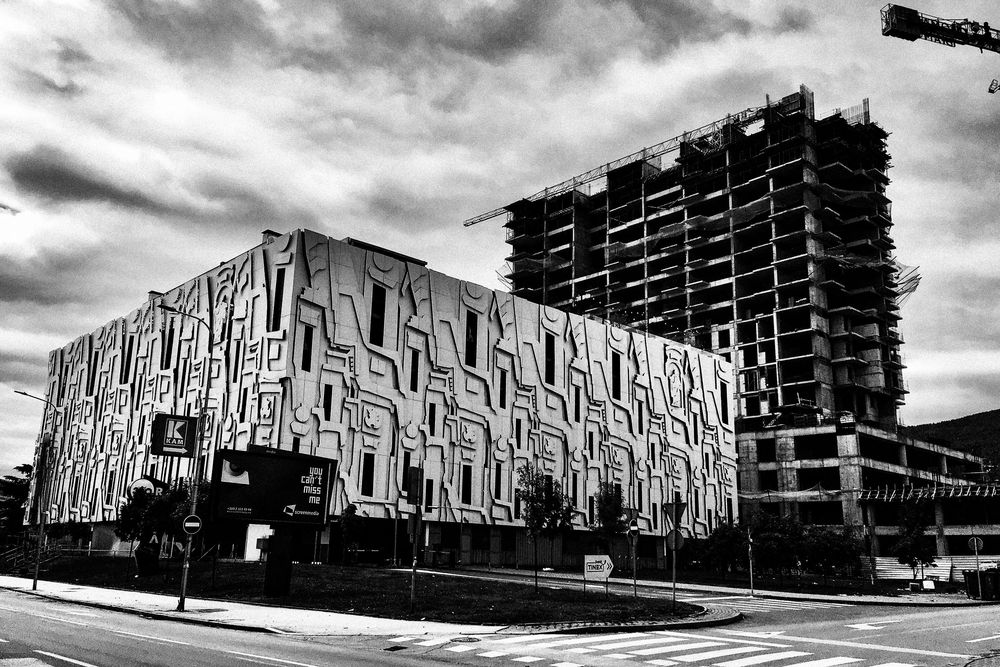 Modern construction in Skopje, North Macedonia.