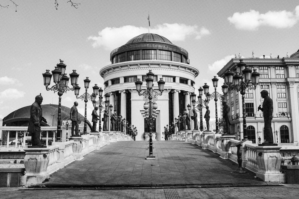 The history bridge with the Museum of Archaeology in Skopje, North Macedonia.