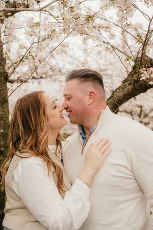A romantic couple shares tender moments under blooming cherry blossom trees while wearing matching cream-colored sweaters.