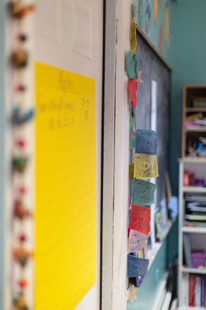 Close-up of classroom wall showing colorful bulletin boards and educational displays.