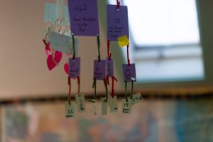 Decorative paper crafts hanging from classroom ceiling.
