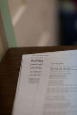 Blurred text documents on a wooden surface showing faint printed paragraphs.