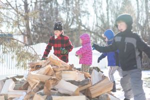 Kids climbing and playing on large logs in a snowy winter setting.