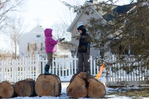 Kids playing on logs and climbing in a snowy backyard with white picket fence.