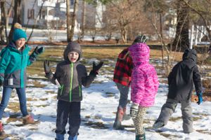 Group engaged in winter outdoor activities in a snowy yard.