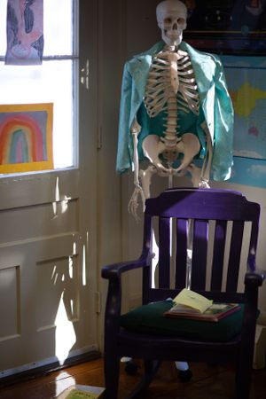 A skeleton prop sits on a dark wooden chair in a sunlit room with colorful artwork on the walls.