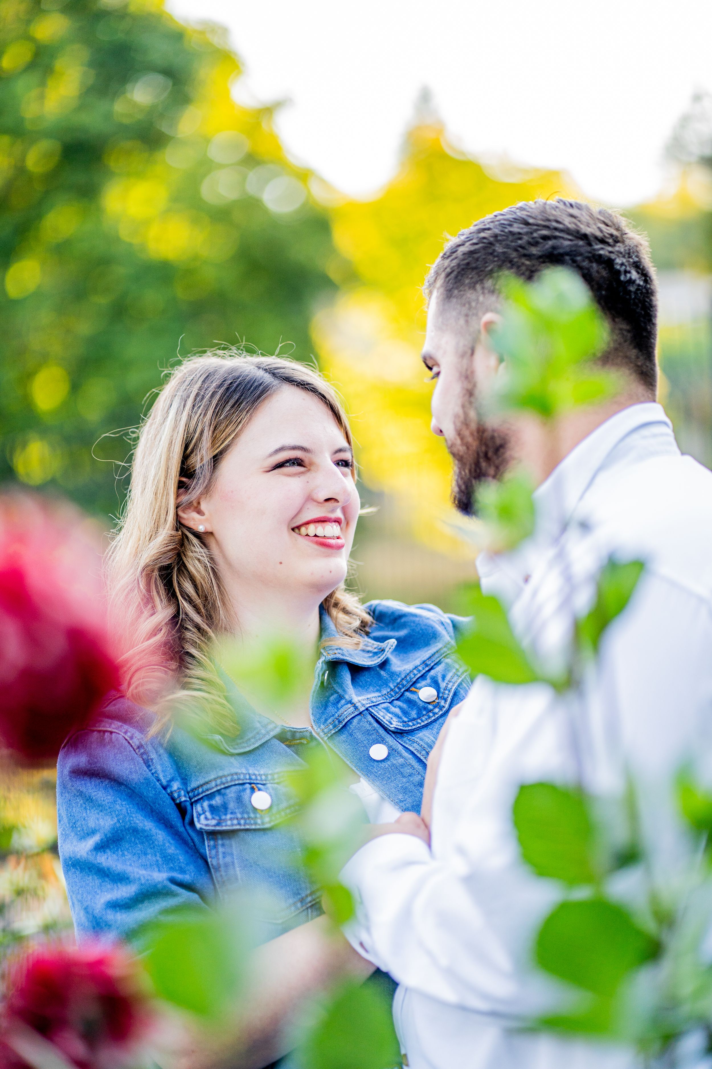 A series of candid outdoor portraits showing someone in a denim jacket against a bright green and yellow bokeh background.