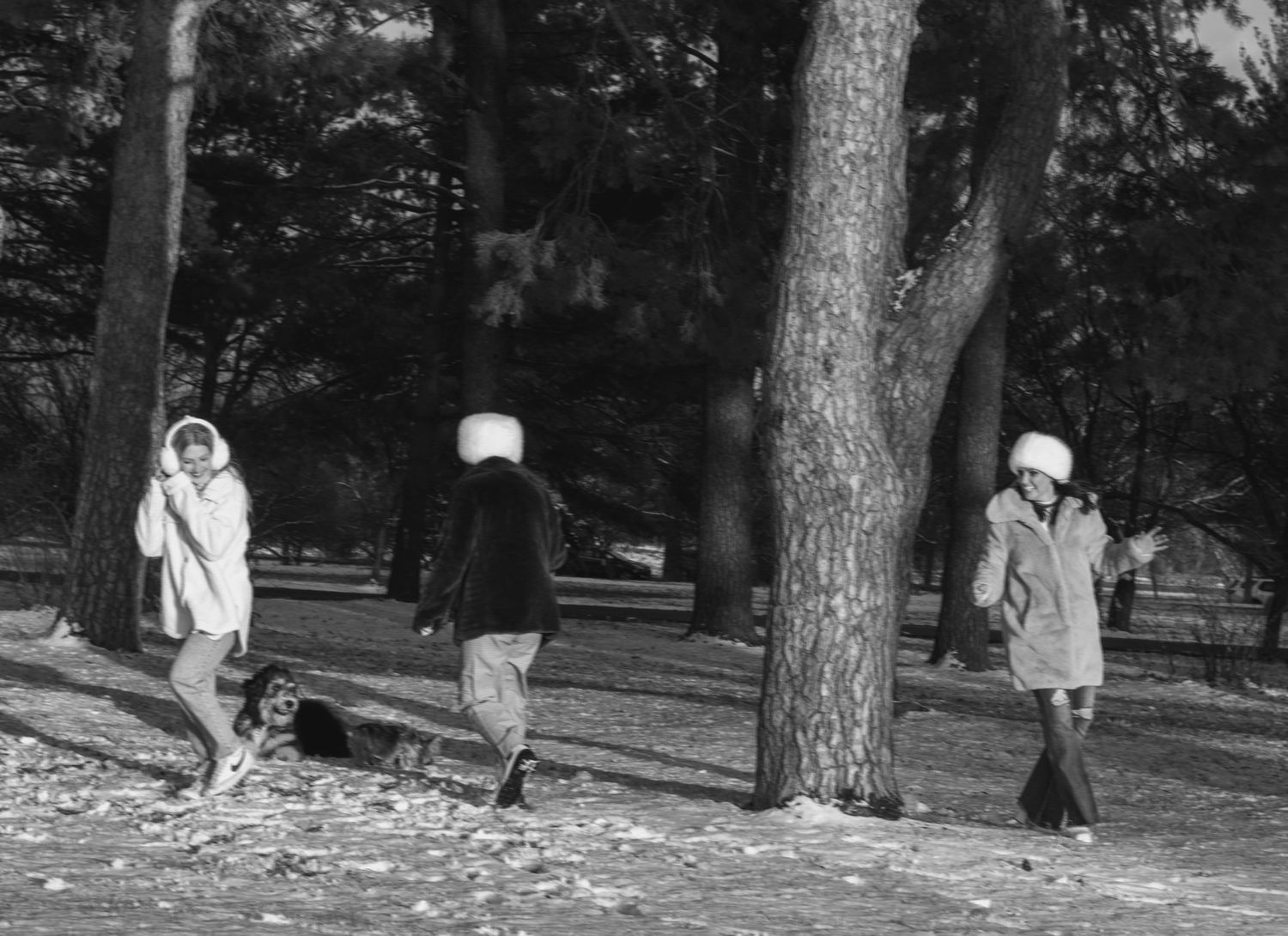 Three people in winter coats walking through a wooded park area.