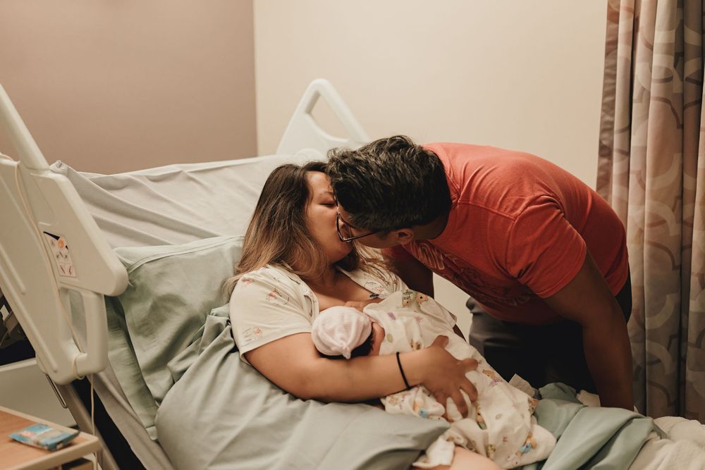 A sequence of five photos showing a parent bending down to give their child a tender kiss on the cheek.