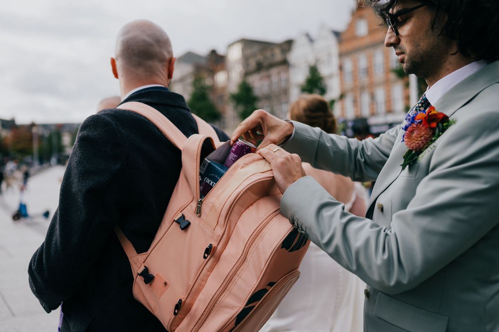 A series of candid wedding photos showing intimate moments between couples during their special day.