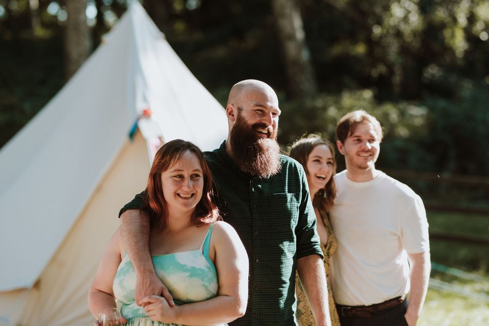 Collage of candid moments at an outdoor wedding featuring guests and the wedding party enjoying festivities in bright sunlight.