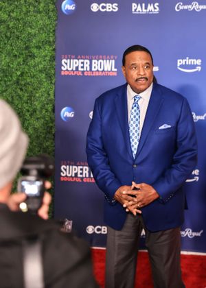 Man in navy suit and patterned tie poses at Super Bowl red carpet event.
