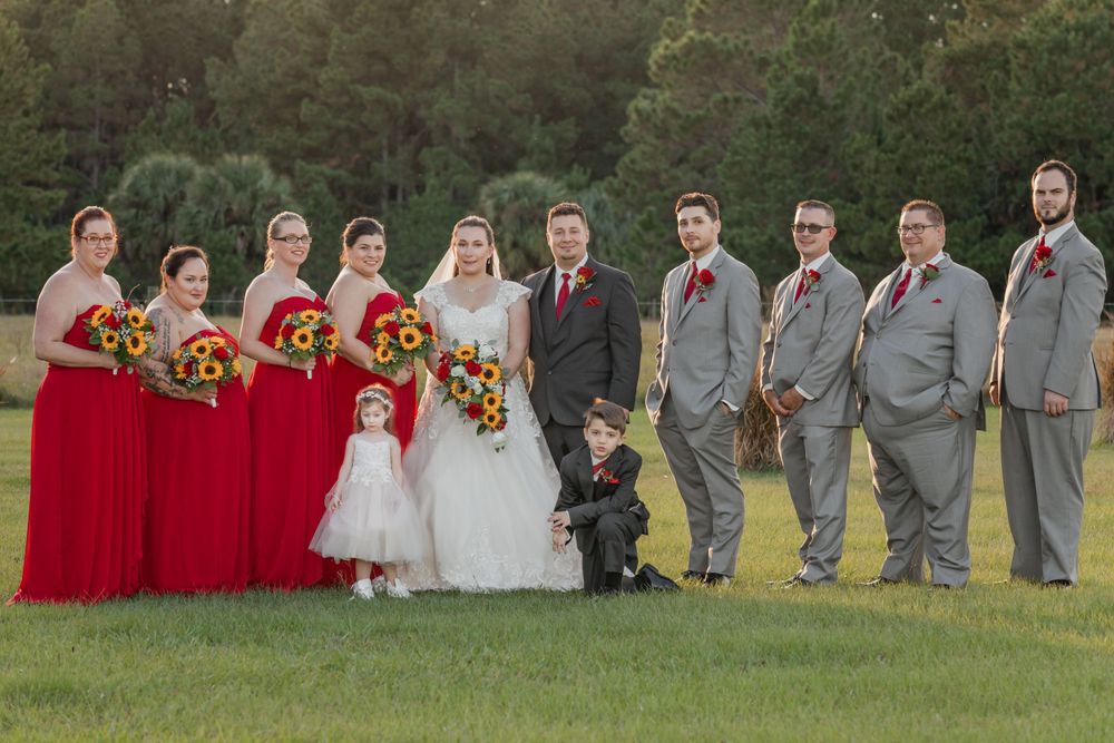 Wedding party in red bridesmaids dresses and grey suits poses outdoors with black dog on grassy field.