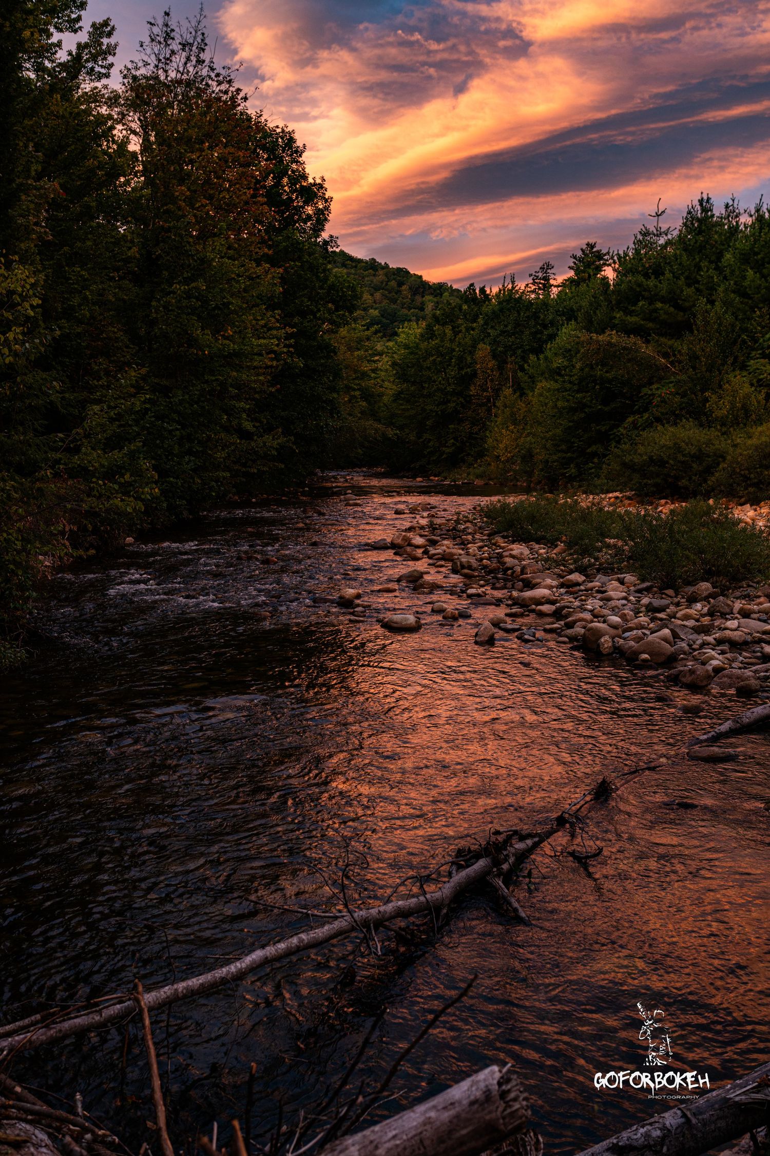 Stunning sunset reflects orange and pink hues on a rocky forest river with fallen logs.