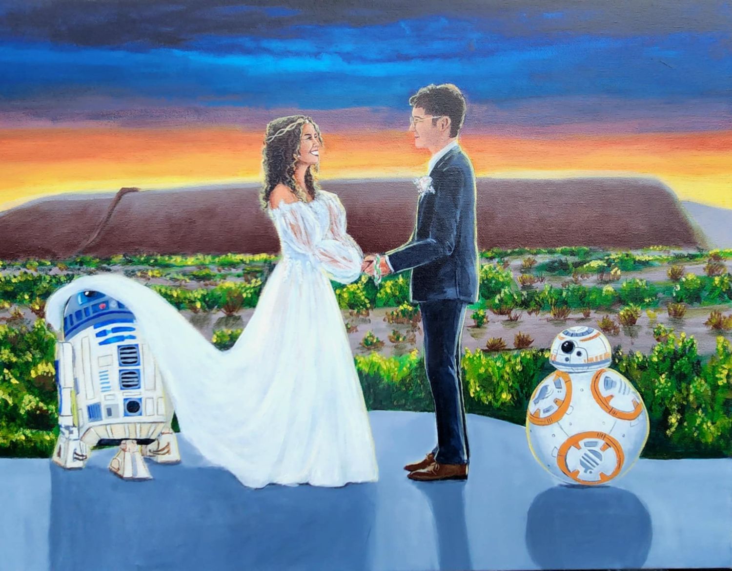 Live wedding painting in el paso texas of ceremony moment with custom characters of star wars.